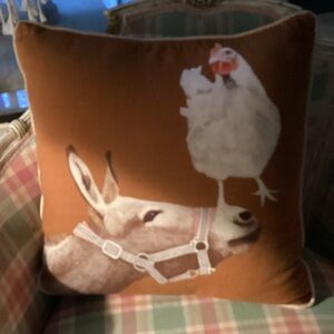Decorative Brown Pillow with Donkey and Chicken Design